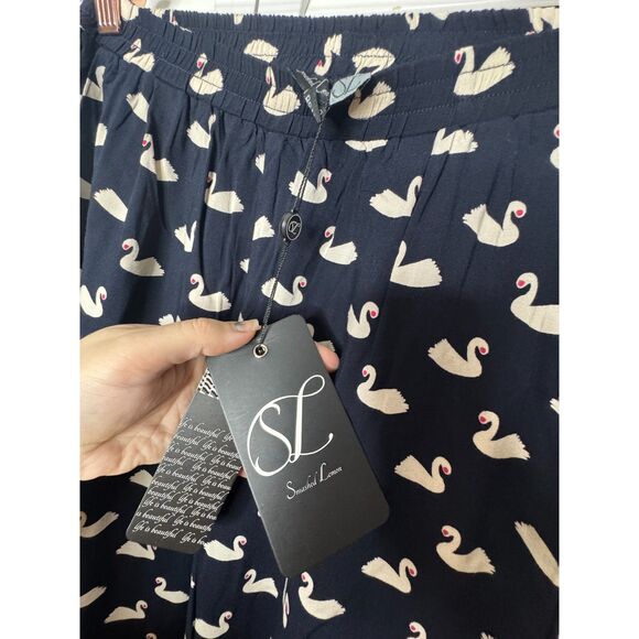 Smashed Lemon Quirky Novelty Swan Print Navy Blue Pull on Pants Size M NWT - Picture 5 of 11
